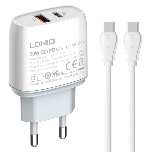 LDNIO Q229 QC3.0 / PD20W USB + Type-C Fast Charger with 1m Type-C to Type-C Cable, EU Plug, UK Plug, US Plug