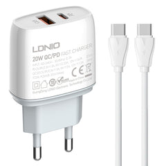LDNIO Q229 QC3.0 / PD20W USB + Type-C Fast Charger with 1m Type-C to Type-C Cable, EU Plug, UK Plug, US Plug