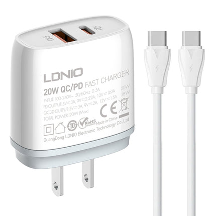 LDNIO Q229 QC3.0 / PD20W USB + Type-C Fast Charger with 1m Type-C to Type-C Cable, EU Plug, UK Plug, US Plug