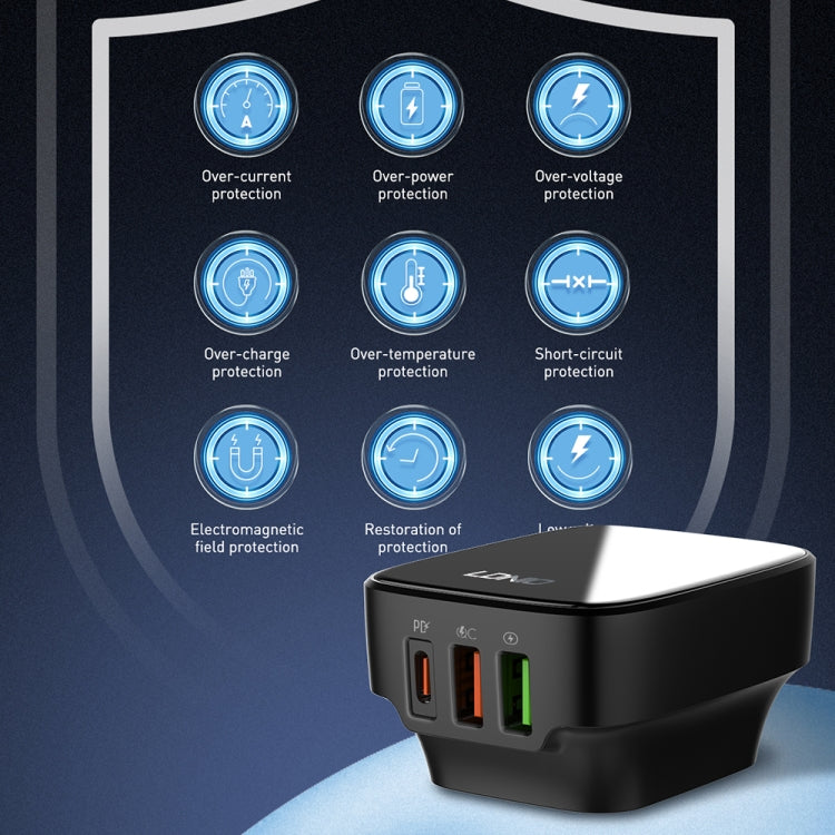 LDNIO Q334 32W Type-C + Dual USB Port Charger with 1m Micro USB Data Cable, EU Plug, UK Plug, US Plug