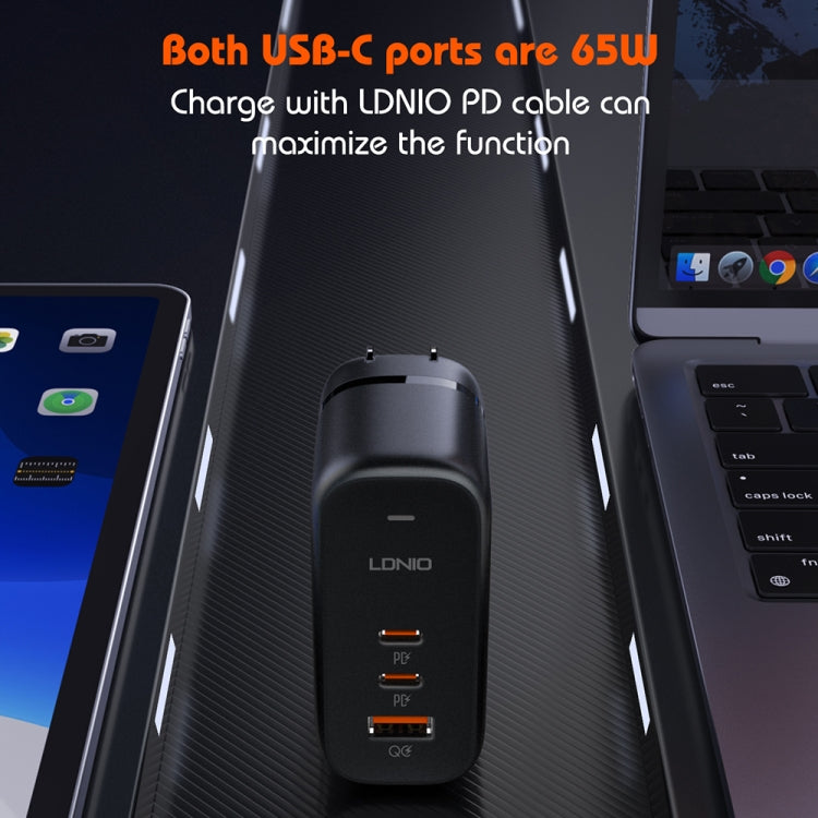 LDNIO Q366 65W USB + Dual Type-C Port Charger with 1m USB-C / Type-C to USB-C / Type-C Data Cable, EU Plug, UK Plug, US Plug