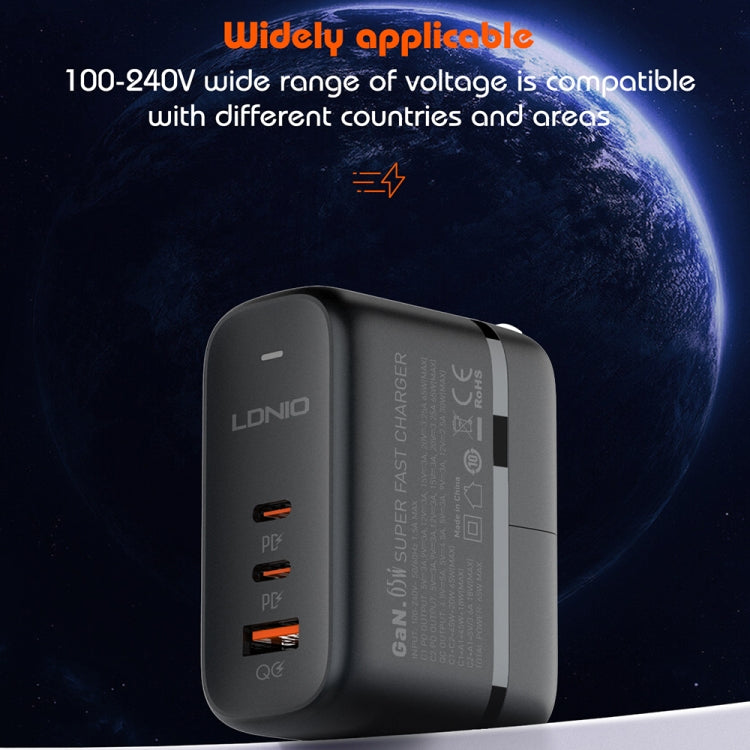 LDNIO Q366 65W USB + Dual Type-C Port Charger with 1m USB-C / Type-C to USB-C / Type-C Data Cable, EU Plug, UK Plug, US Plug