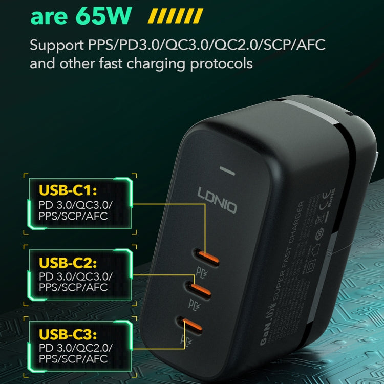 LDNIO Q367 65W GaN 3 x USB-C / Type-C Interface Charger with 1m USB-C / Type-C to USB-C / Type-C Data Cable, EU Plug, UK Plug, US Plug