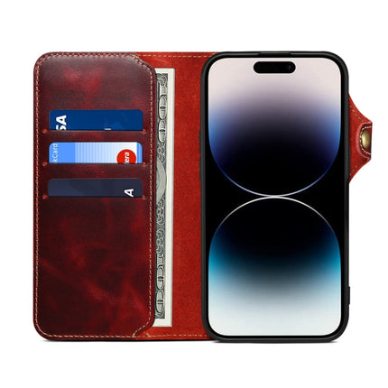 Denior B01 Oil Wax Cowhide Magnetic Button Genuine Leather Case, For iPhone 16