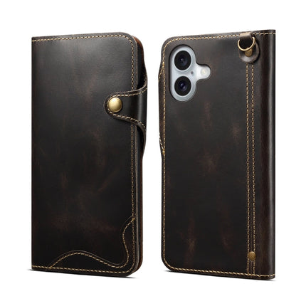 Denior B01 Oil Wax Cowhide Magnetic Button Genuine Leather Case, For iPhone 16