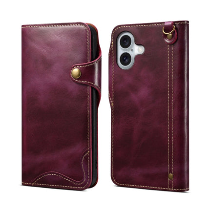 Denior B01 Oil Wax Cowhide Magnetic Button Genuine Leather Case, For iPhone 16