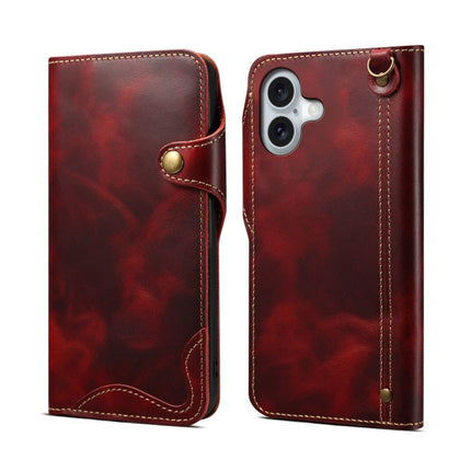 Denior B01 Oil Wax Cowhide Magnetic Button Genuine Leather Case, For iPhone 16e, For iPhone 16 Pro Max, For iPhone 16 Pro, For iPhone 16 Plus