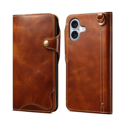 Denior B01 Oil Wax Cowhide Magnetic Button Genuine Leather Case, For iPhone 17e / 16e, For iPhone 16 Pro Max, For iPhone 16 Pro, For iPhone 16 Plus