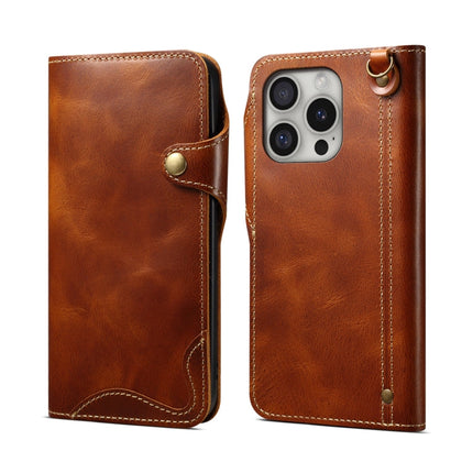 Denior B01 Oil Wax Cowhide Magnetic Button Genuine Leather Case, For iPhone 16e, For iPhone 16 Pro Max, For iPhone 16 Pro, For iPhone 16 Plus