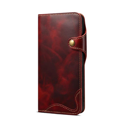 Denior B01 Oil Wax Cowhide Magnetic Button Genuine Leather Case, For iPhone 17e / 16e, For iPhone 16 Pro Max, For iPhone 16 Pro, For iPhone 16 Plus