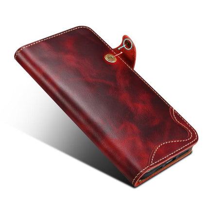 Denior B01 Oil Wax Cowhide Magnetic Button Genuine Leather Case, For iPhone 16e, For iPhone 16 Pro Max, For iPhone 16 Pro, For iPhone 16 Plus