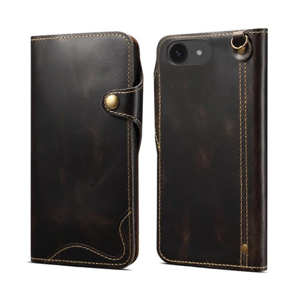 Denior B01 Oil Wax Cowhide Magnetic Button Genuine Leather Case, For iPhone 17e / 16e, For iPhone 16 Pro Max, For iPhone 16 Pro, For iPhone 16 Plus
