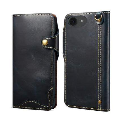 Denior B01 Oil Wax Cowhide Magnetic Button Genuine Leather Case, For iPhone 16e, For iPhone 16 Pro Max, For iPhone 16 Pro, For iPhone 16 Plus