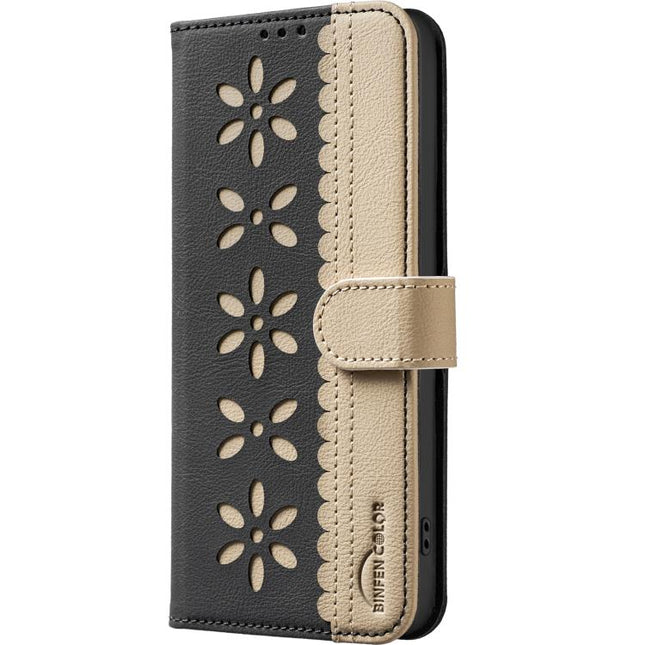 Splicing Color Hollow Flower Pattern RFID Leather Phone Case, For iPhone 15, For iPhone 13 / 14, For iPhone 14 Pro, For iPhone 14 Pro Max