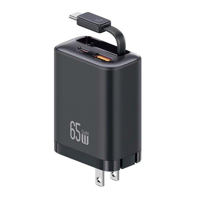 USAMS CC300 65W Fast Charger With Retractable USB-C / Type-C Cable, US Plug