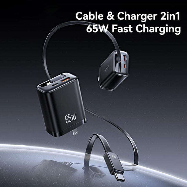 USAMS CC300 65W Fast Charger With Retractable USB-C / Type-C Cable, US Plug