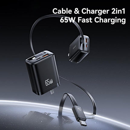USAMS CC300 65W Fast Charger With Retractable USB-C / Type-C Cable, US Plug