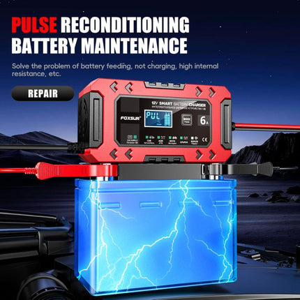 FOXSUR FBC1206F 12V 6A Car Motorcycle Battery Charger Smart Repair Multi-function Charger, EU Plug, US Plug, UK Plug, AU Plug