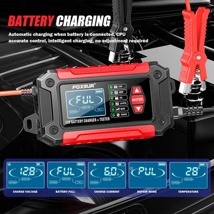 FOXSUR FTC-1206 2 in 1 12V Charging Tester Integrated Machine Car Motorcycle Battery Charger Tester, EU Plug, US Plug, UK Plug, AU Plug