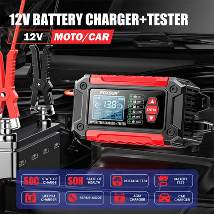 FOXSUR FTC-1206 2 in 1 12V Charging Tester Integrated Machine Car Motorcycle Battery Charger Tester, EU Plug, US Plug, UK Plug, AU Plug