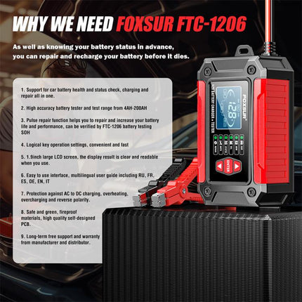 FOXSUR FTC-1206 2 in 1 12V Charging Tester Integrated Machine Car Motorcycle Battery Charger Tester, EU Plug, US Plug, UK Plug, AU Plug