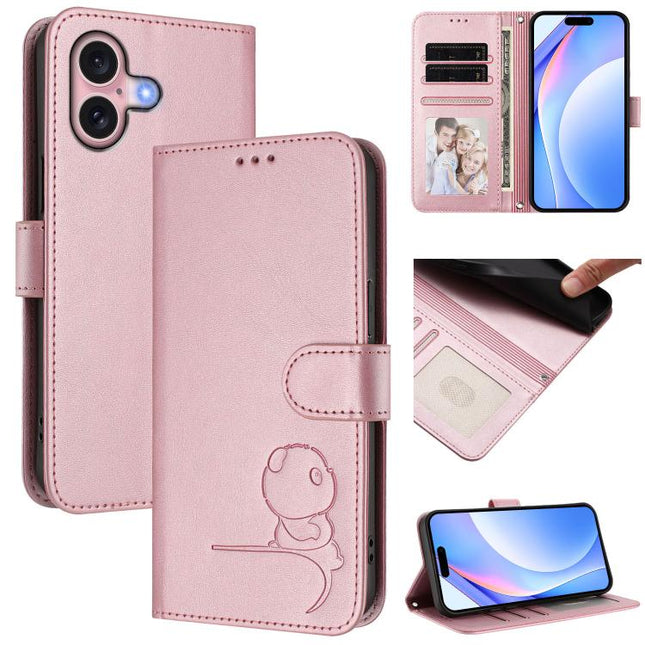 Litter Panda Embossing RFID Leather Phone Case with Lanyard, For iPhone 16, For iPhone 15 Pro Max, For iPhone 15 Pro, For iPhone 15 Plus