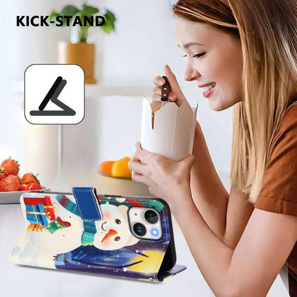 Christmas Series Buckle Leather Phone Case with Hand Strap, For iPhone 15, For iPhone 14 Plus, For iPhone 14 / 13, For iPhone 14 Pro