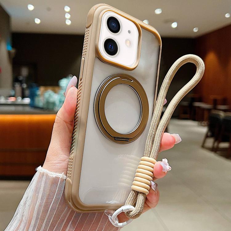 Solid Color Edge Transparency Rotation Holder MagSafe Phone Case with Wrist Strap