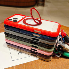 Solid Color Edge Transparency Rotation Holder MagSafe Phone Case with Wrist Strap