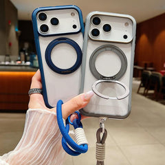 Solid Color Edge Transparency Rotation Holder MagSafe Phone Case with Wrist Strap