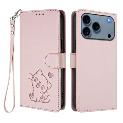 Embossed Heart Cat Leather Phone Case with Hand Strap, For iPhone 17 Pro, For iPhone 17