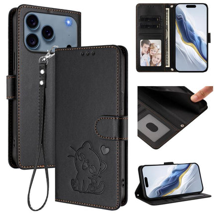 Embossed Heart Cat Leather Phone Case with Hand Strap, For iPhone 17 Pro, For iPhone 17