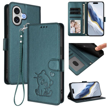 Embossed Heart Cat Leather Phone Case with Hand Strap, For iPhone 17 Pro, For iPhone 17