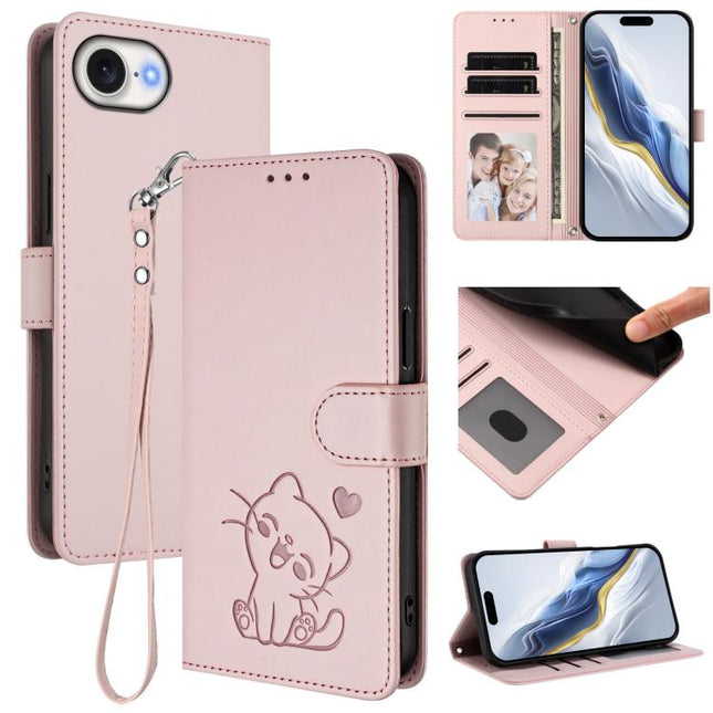 Embossed Heart Cat Leather Phone Case with Hand Strap, For iPhone 17e / 16e, For iPhone 17 Pro Max