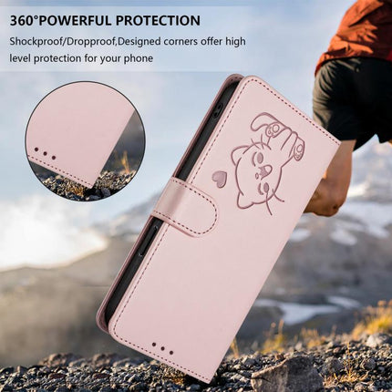 Embossed Heart Cat Leather Phone Case with Hand Strap, For iPhone 16, For iPhone 15 Pro Max