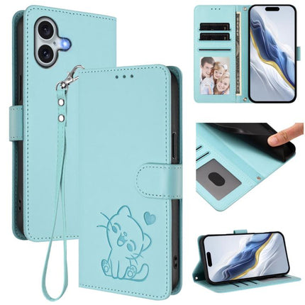 Embossed Heart Cat Leather Phone Case with Hand Strap, For iPhone 16, For iPhone 15 Pro Max