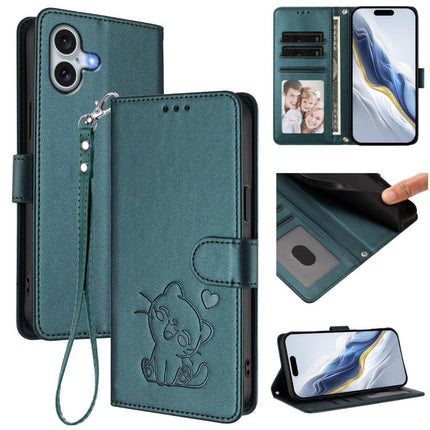 Embossed Heart Cat Leather Phone Case with Hand Strap, For iPhone 16, For iPhone 15 Pro Max
