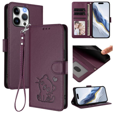 Embossed Heart Cat Leather Phone Case with Hand Strap, For iPhone 16, For iPhone 15 Pro Max