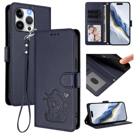 Embossed Heart Cat Leather Phone Case with Hand Strap, For iPhone 16, For iPhone 15 Pro Max
