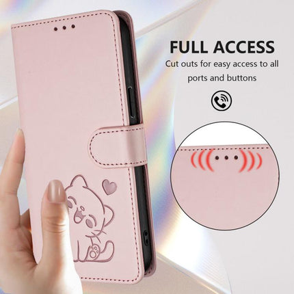 Embossed Heart Cat Leather Phone Case with Hand Strap, For iPhone 14 / 13, For iPhone 14 Pro