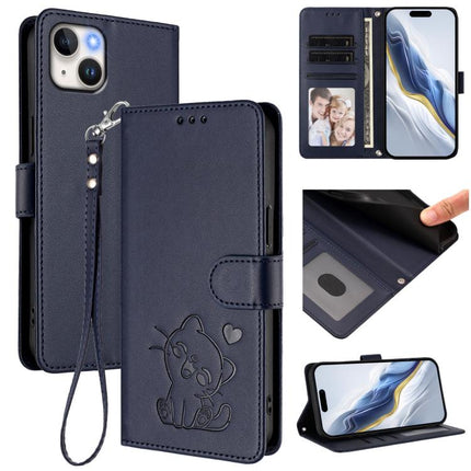 Embossed Heart Cat Leather Phone Case with Hand Strap, For iPhone 14 / 13, For iPhone 14 Pro