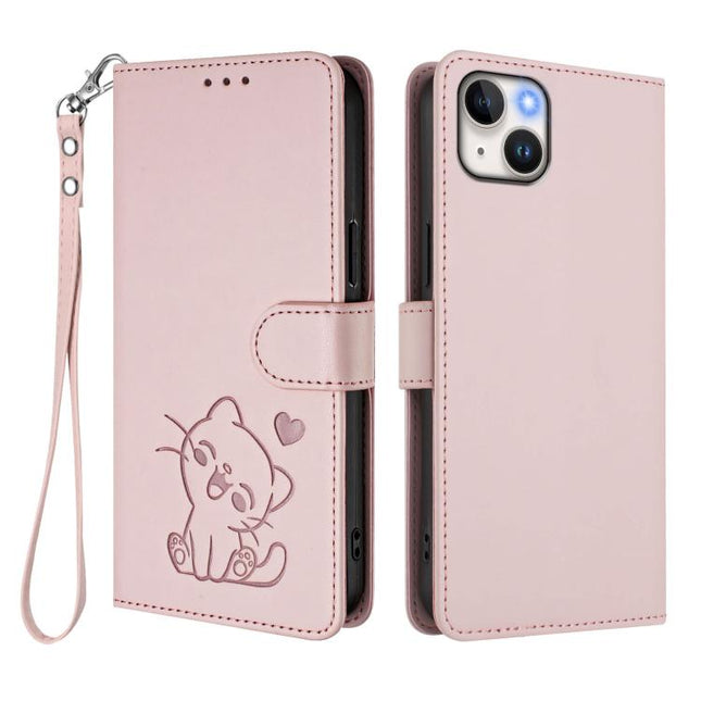 Embossed Heart Cat Leather Phone Case with Hand Strap, For iPhone 13 mini, For iPhone 12 / 12 Pro