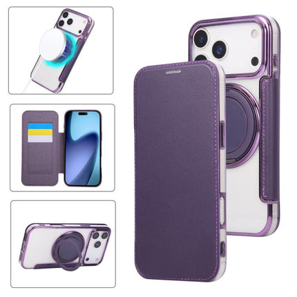 Ultra-thin Rotation Holder Magnetic Plating Vegan Leather Phone Case, For iPhone 17e / 16e, For iPhone 17 Pro Max, For iPhone 17 Pro