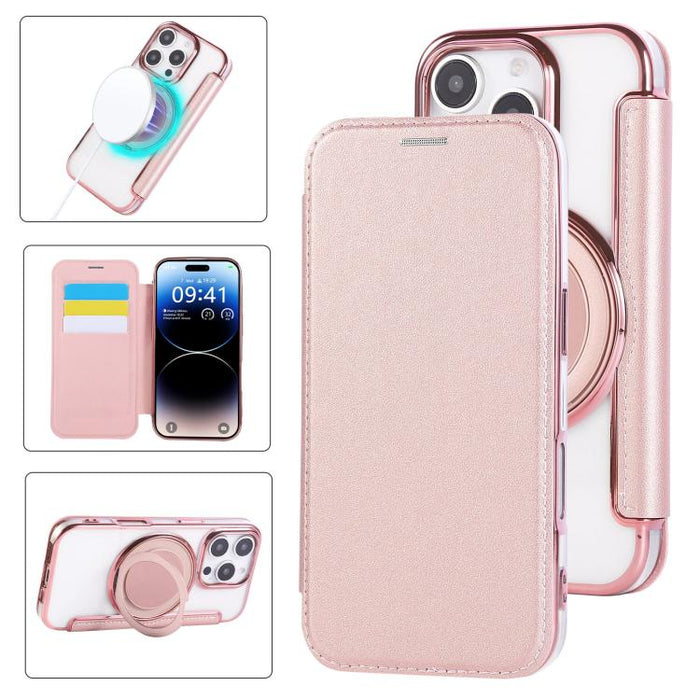 Ultra-thin Rotation Holder Magnetic Plating Vegan Leather Phone Case, For iPhone 16 Pro, For iPhone 16 Plus, For iPhone 16