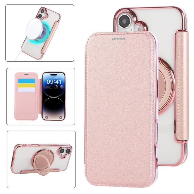 Ultra-thin Rotation Holder Magnetic Plating Vegan Leather Phone Case, For iPhone 16 Pro, For iPhone 16 Plus, For iPhone 16