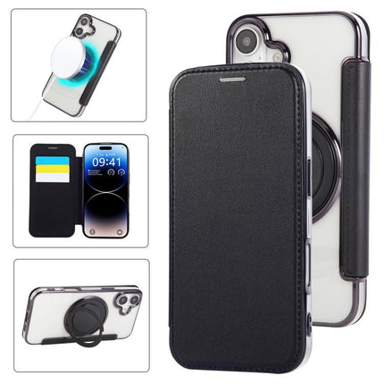 Ultra-thin Rotation Holder Magnetic Plating Vegan Leather Phone Case, For iPhone 16 Pro, For iPhone 16 Plus, For iPhone 16