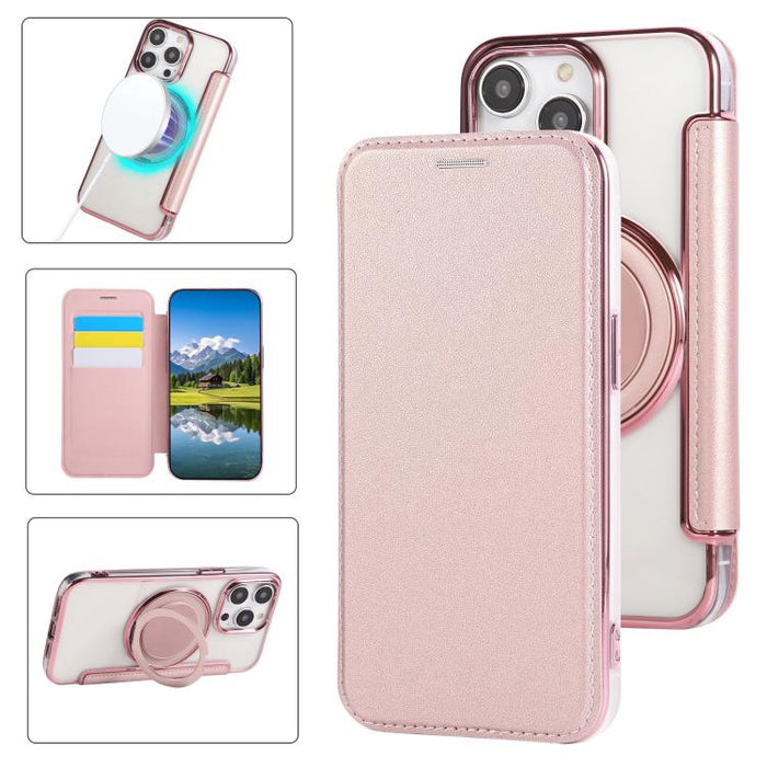 Ultra-thin Rotation Holder Magnetic Plating Vegan Leather Phone Case, For iPhone 15 Pro Max, For iPhone 15 Pro, For iPhone 15 Plus / 14 Plus