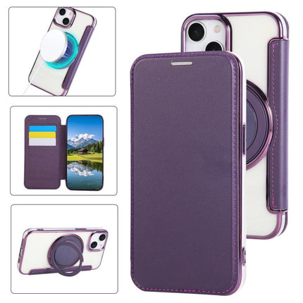 Ultra-thin Rotation Holder Magnetic Plating Vegan Leather Phone Case, For iPhone 15, For iPhone 14 / 13, For iPhone 14 Pro