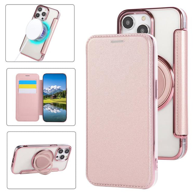 Ultra-thin Rotation Holder Magnetic Plating Vegan Leather Phone Case, For iPhone 15, For iPhone 14 / 13, For iPhone 14 Pro