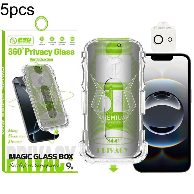 5pcs 5D Curved Easy Install Dust-proof Box 360 Privacy Tempered Glass Film with Lens Film, For iPhone 17e / 16e, For iPhone 17 Pro Max, For iPhone 17 Pro, For iPhone 17, For iPhone Air, For iPhone 16 Pro Max, For iPhone 16 Pro, For iPhone 16 Plus      ...
